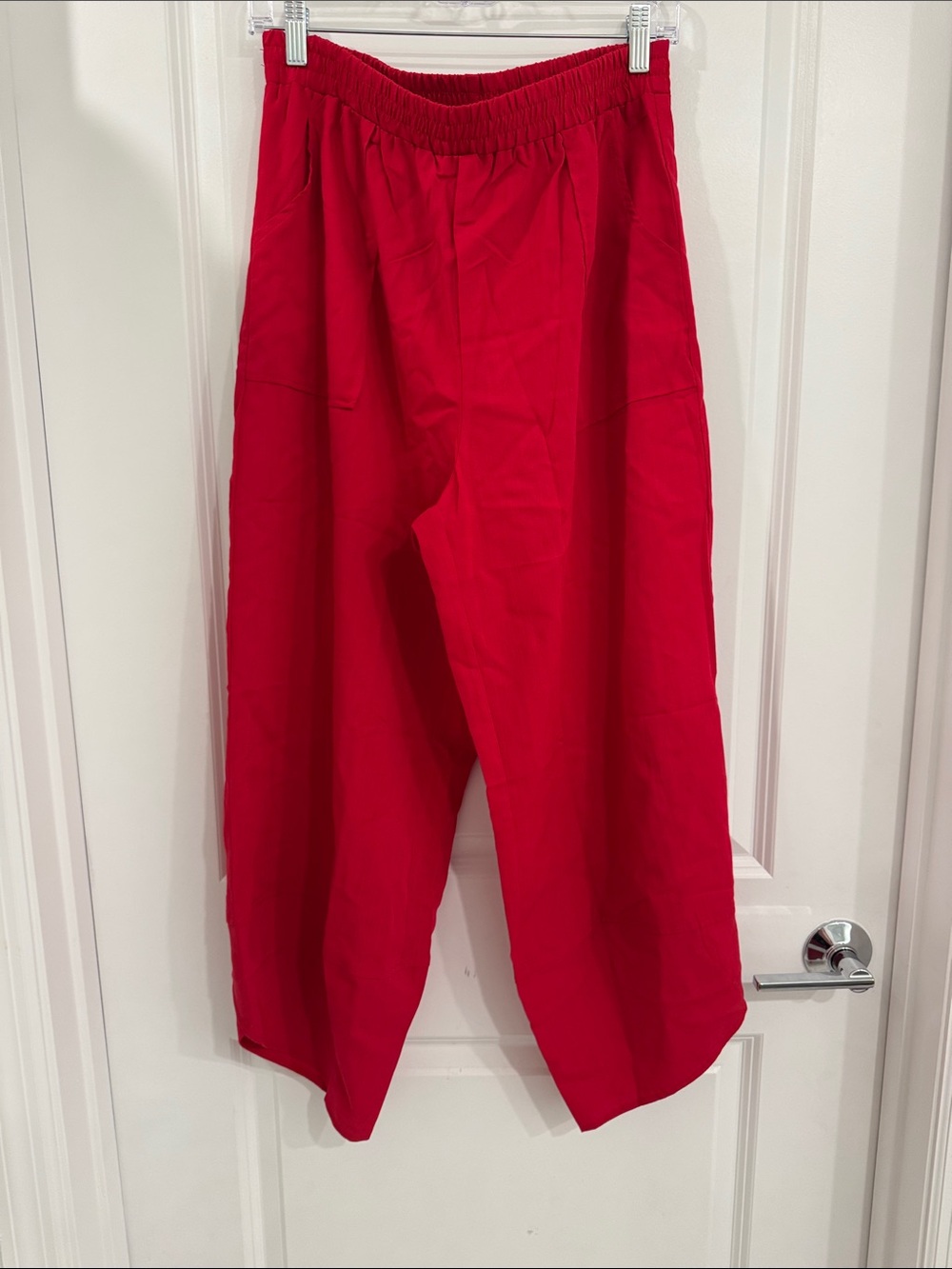 Red linen Elastic-Waist barrel Joggers